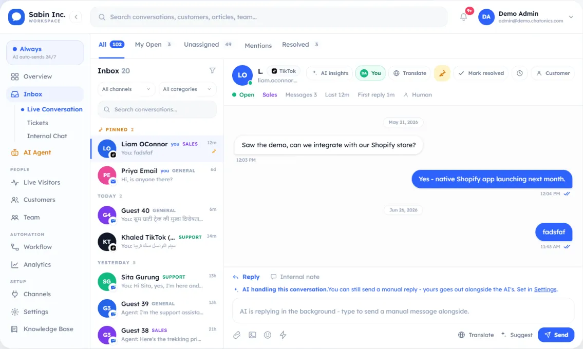 The Chatonics shared inbox with channel filters, a customer conversation and AI reply controls, shown with demo data.