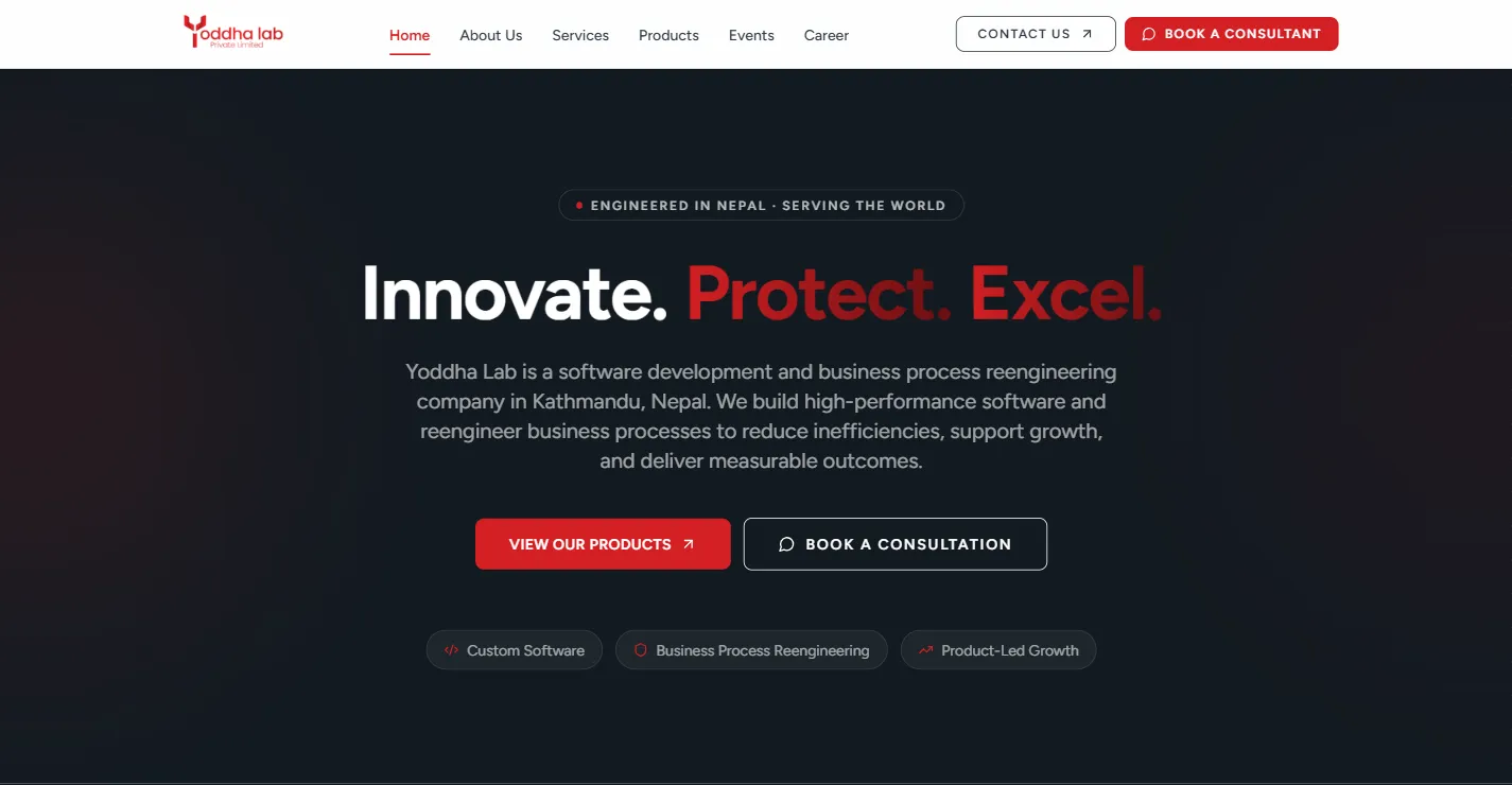 The Yoddha Lab homepage hero with the headline Innovate. Protect. Excel., service highlights and consultation buttons.